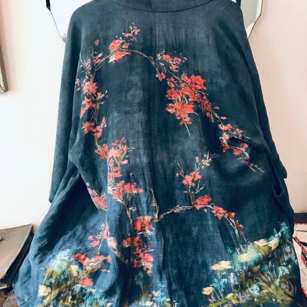 Beautiful Blue Kimono for Women | Hand-Painted Blossoms | Hand-Stitched Details | Cherry Blossom Design | Traditional Japanese Style |