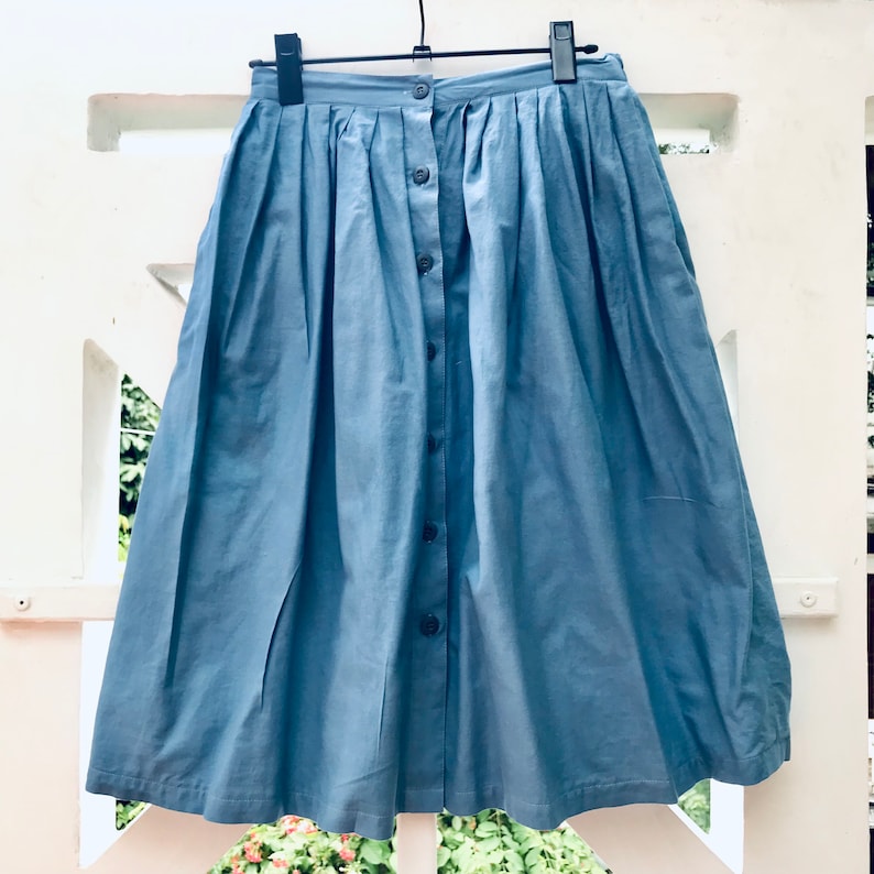 Organic Cotton Skirt Natural Indigo Blue High Waist Elastic & Button Down Inside Pockets Everyday Comfort Skirt image 6