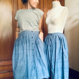 Organic Cotton Skirt Natural Indigo Blue High Waist Elastic & Button Down Inside Pockets Everyday Comfort Skirt image 1