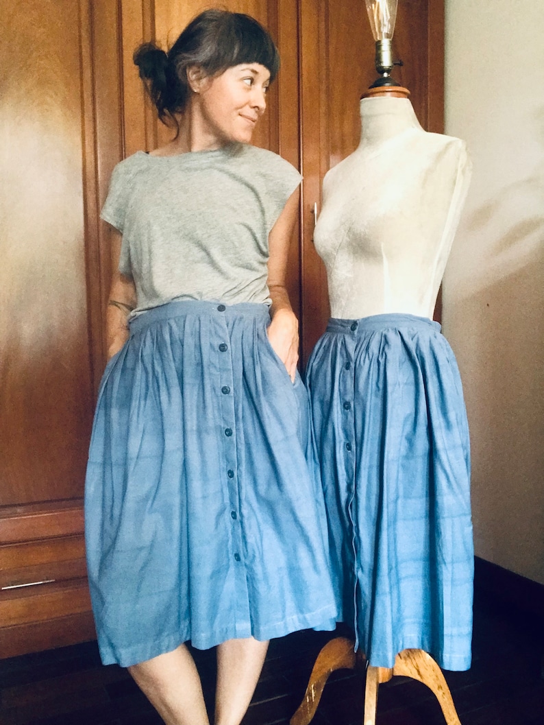 Organic Cotton Skirt Natural Indigo Blue High Waist Elastic & Button Down Inside Pockets Everyday Comfort Skirt image 1