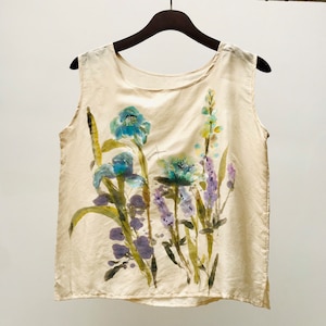 Womens silk blouse Hand-painted blue wild flowers finest white silk top. Womens silk top individually painted art you can wear image 1