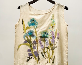 Women’s silk blouse - Hand-painted blue wild flowers finest white silk top. Women’s silk top individually painted art you can wear