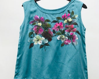 Dames zijden blouse - Handgeschilderde Poppy Flower fijnste turquoise zijden top. Dameszijden top, individueel geschilderde kunst, je kunt een zijden top dragen