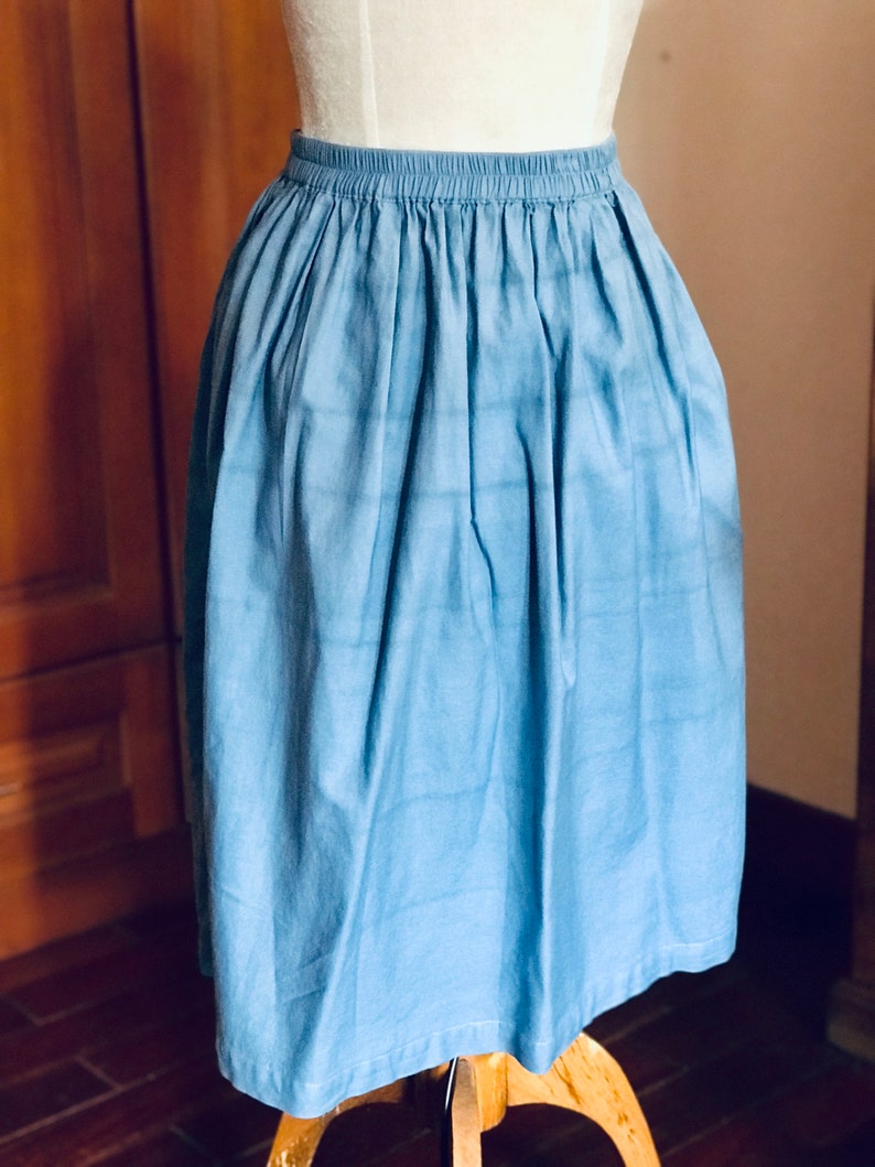 Organic Cotton Skirt Natural Indigo Blue High Waist Elastic & Button Down Inside Pockets Everyday Comfort Skirt image 2