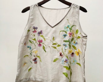 Women’s silk blouse - Hand-painted Pansy Flowers finest grey light silk top. Women’s silk top individually painted art you can wear silk top