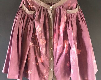 Pink & Purple flare Skirt floral painted 50s style high waist front pockets pleats buttons down the front relief dyed indigo organic cotton