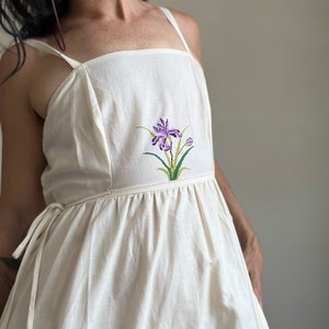 Embroidered Iris Organic Cotton Summer Dress: Vintage Style Pinafore