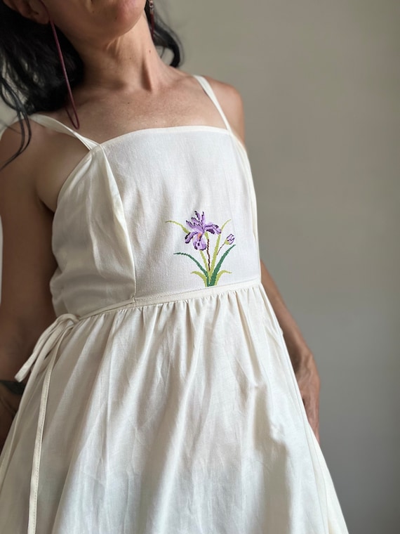 Embroidered Iris Organic Cotton Summer Dress: Vintage Style Pinafore