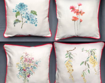 Set of Four Hand-Painted Silk Cushion Covers | Unique Home Decor | One of a Kind cushion | Red Trim | Brush Painted Botanical Design