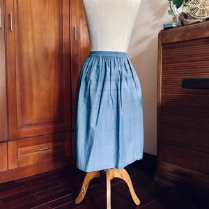 Organic Cotton Skirt Natural Indigo Blue High Waist Elastic & Button Down Inside Pockets Everyday Comfort Skirt image 4