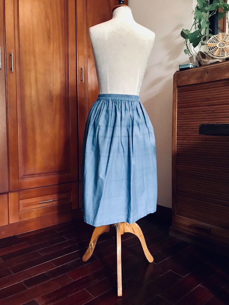 Organic Cotton Skirt Natural Indigo Blue High Waist Elastic & Button Down Inside Pockets Everyday Comfort Skirt image 4