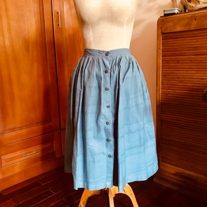 Organic Cotton Skirt Natural Indigo Blue High Waist Elastic & Button Down Inside Pockets Everyday Comfort Skirt image 3