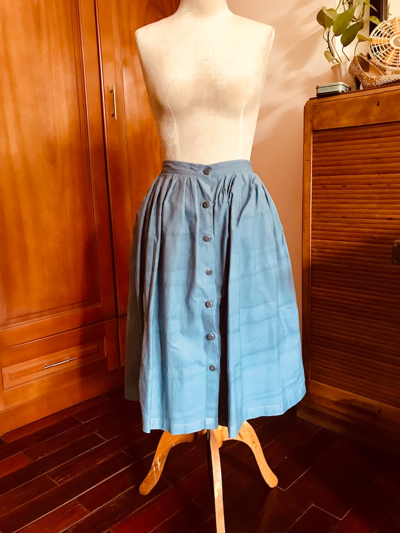 Organic Cotton Skirt Natural Indigo Blue High Waist Elastic & Button Down Inside Pockets Everyday Comfort Skirt image 3