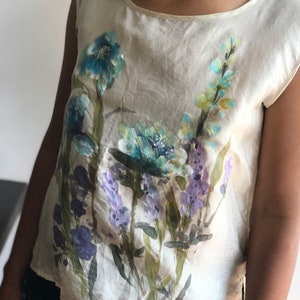 Womens silk blouse Hand-painted blue wild flowers finest white silk top. Womens silk top individually painted art you can wear image 3