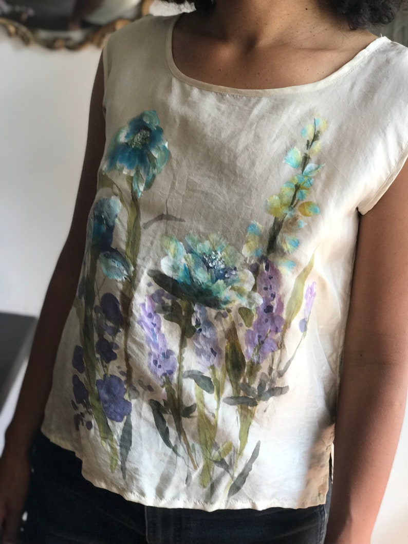 Womens silk blouse Hand-painted blue wild flowers finest white silk top. Womens silk top individually painted art you can wear image 3