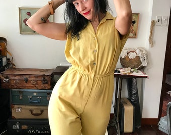 Yellow Linen Women's Jumpsuit | 70's Style Romper | Sleeveless, Pockets | Women's Play Suit | Festival Fashion