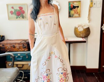 Women's Dress, Embroidered Dress, Antique Cloth Dress, Organic Cotton Dress, Sleeveless Dress, Pockets Dress, Pinafore Dress, Vintage Dress