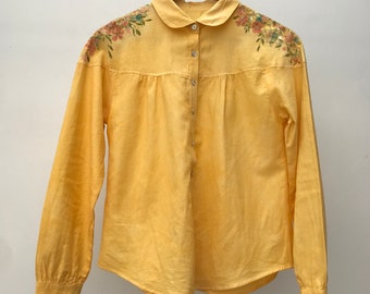 Yellow blouse, Organic Cotton, hand painted flowers, pleated yoke details, long sleeve, 70s 80s design blouse, textile art, fabric painting