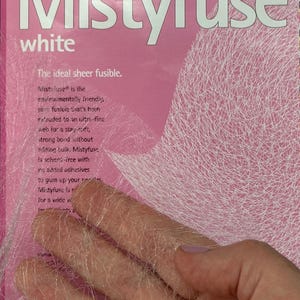 Misty Fuse sheer fusible web - iron on interfacing - for applique, collage and textile art - fine enough for sheer and silk fabrics white 20” x 10yd pack