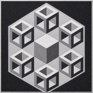 May include: A geometric quilt featuring a central cube surrounded by six other cubes, all in shades of gray and white. The cubes have open tops and triangular interior details. The quilt is set against a black background and framed with a white border.