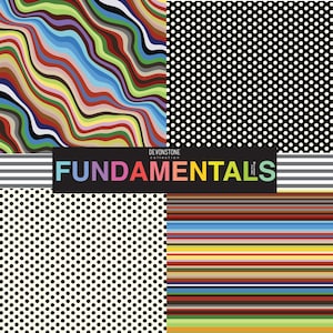 May include: A collage of colorful patterns and designs. The image features wavy lines, polka dots, and stripes in various colors, including blue, red, and yellow. The word "FUNDAMENTALS" is displayed in colorful letters.