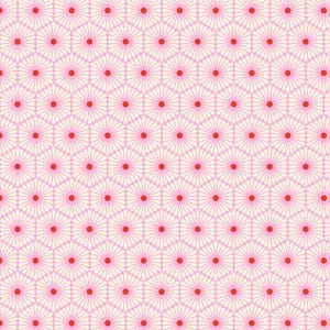 Peut inclure: Un motif sans couture composé d'hexagones roses avec des lignes blanches rayonnantes et un point rouge au centre de chaque hexagone.