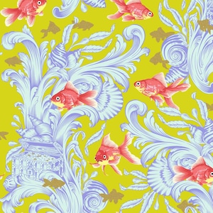 Peut inclure: Motif répété avec des poissons rouges nageant parmi des volutes baroques bleu clair et des motifs de coquillages sur un fond jaune-vert. Des poissons rouges et des silhouettes de poissons dorés sont dispersés.