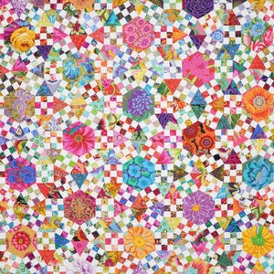 May include: A colorful quilt with a patchwork design featuring a variety of floral patterns in shades of pink, blue, green, yellow, and orange. The quilt is made up of squares and triangles, creating a geometric pattern.