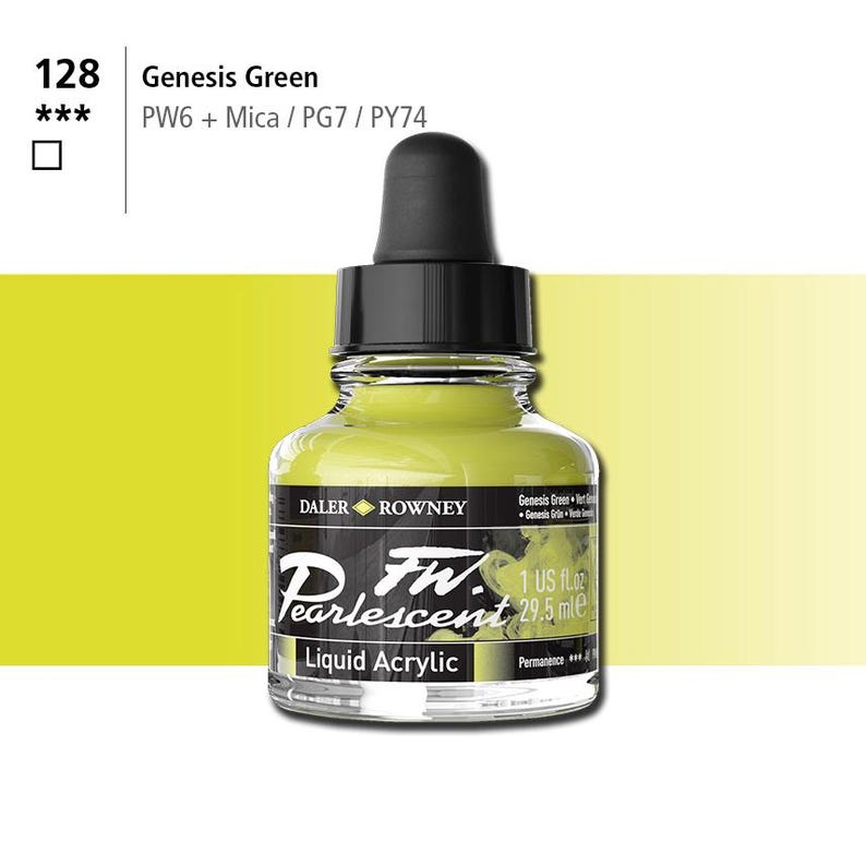 May include: A 1 fl oz (29.5 ml) bottle of Daler Rowney FW Pearlescent Liquid Acrylic paint in the color Genesis Green. The bottle has a black dropper cap and a label with the color name, pigment information (PW6 + Mica / PG7 / PY74), and the Daler Rowney logo.