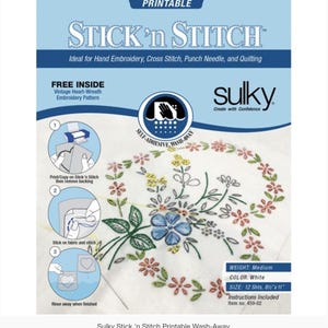 Sulky - Stick N Stitch Self Adhesive Wash Away Stabiliser 12 sheets of 8-1/2 x 11 - great for machine and hand embroidery, applique quilting