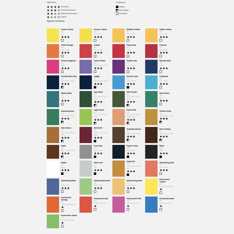 May include: A color chart with 36 different paint colors, including lemon yellow, process yellow, brilliant yellow, Indian yellow, flame orange, scarlet, flame red, crimson, process magenta, velvet violet, purple lake, rosemary blue, Prussian blue hue, indigo, process cyan, turquoise, marine blue, sap green, olive green, dark green, emerald green, light green, peach pink, yellow ochre, raw sienna, red earth, antelope brown, burnt umber, sepia, cool grey, Payne's grey, black, white, silver tint, gold tint, shimmering red, shimmering blue, shimmering green, shimmering gold, fluorescent yellow, fluorescent orange, fluorescent red, fluorescent pink, fluorescent blue, and fluorescent green.