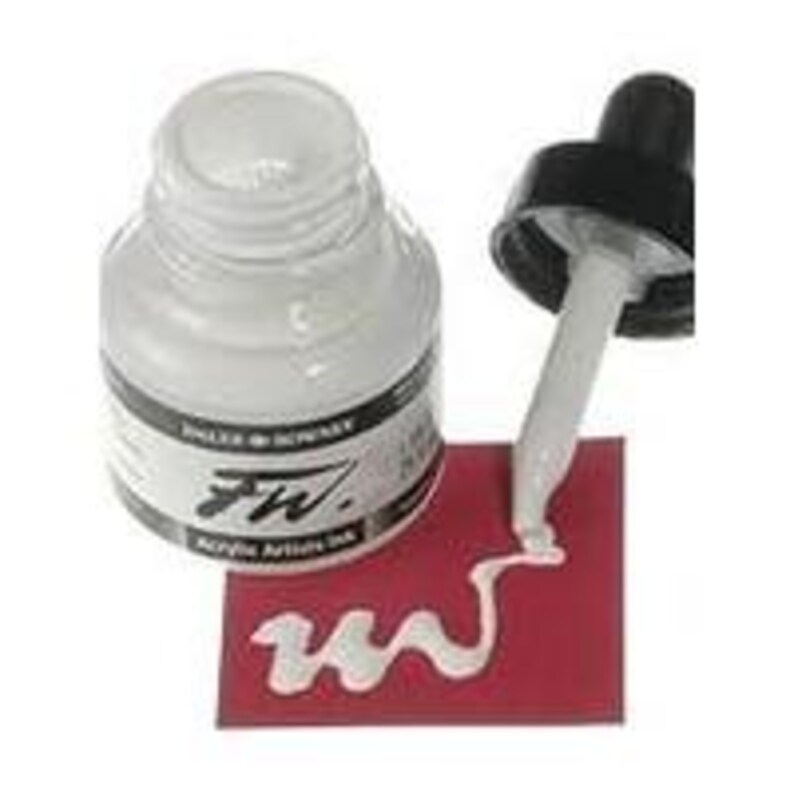 May include: A small bottle of white acrylic artist ink with a dropper cap. The ink is being used to create a white squiggle on a red surface.
