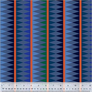 May include: Geometric fabric pattern with a repeating diamond design in shades of blue, and vertical orange and green stripes. The pattern is measured in centimetres, with a ruler along the bottom edge.