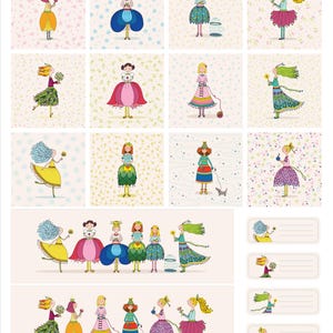 May include: A set of whimsical illustrations depicting cartoon women in colourful dresses, holding flowers, yarn, and pets. The backgrounds feature floral and snowflake patterns. There are also blank label templates with the same illustrations.
