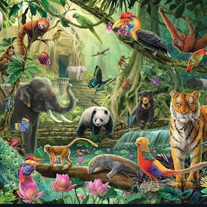 Animal Art Quilting Stoffpanels - Asien - Afrika - Australien - Löwen Tiger Elefanten Koala - Carlie Edwards Collection - Schönes Geschenk