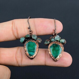 Raw Emerald and Copper Earrings