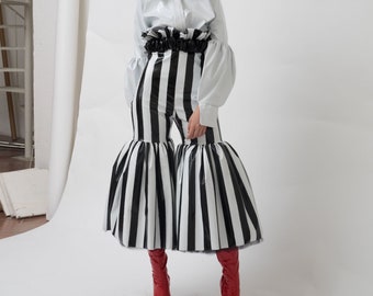 Black and White Striped Pirate Historical Cosplay Pants - Ruched & High Waisted - Vinyl Belt - MADE TO ORDER