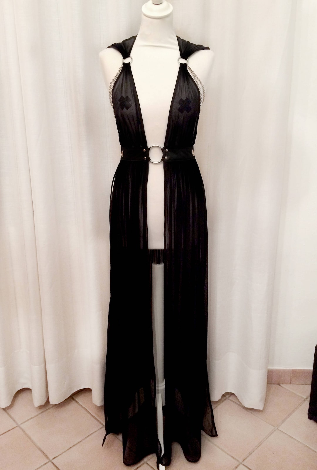 Long Black Draped Dress With Hood Fishnet Fabric Faux Leather Belt O ...
