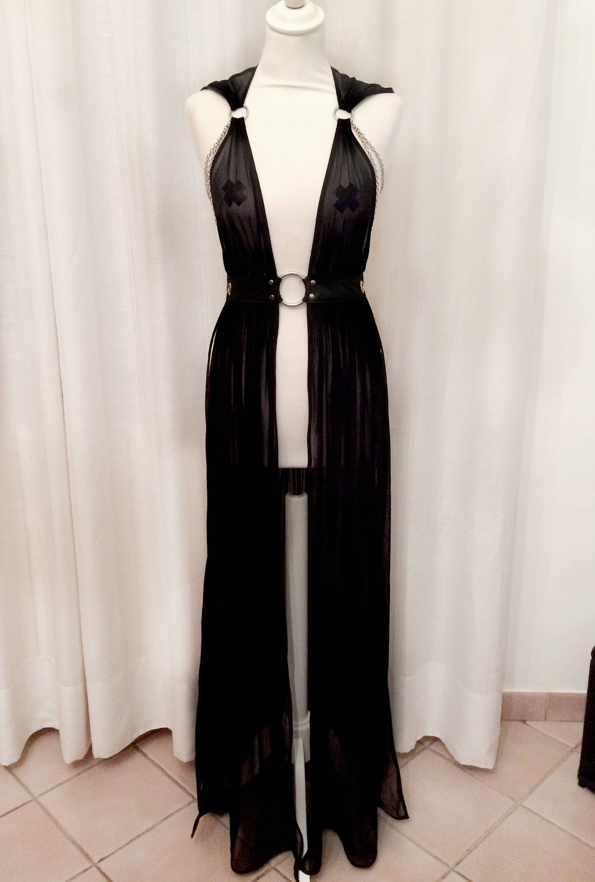 Long Black Draped Dress With Hood Fishnet Fabric Faux Etsy Long Black Draped Dress With Hood Fishnet Fabric Faux Etsy