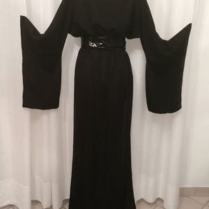 Black Long Kimono With Wide Long Sleeves Trimming Obi Vinyl Belt ...
