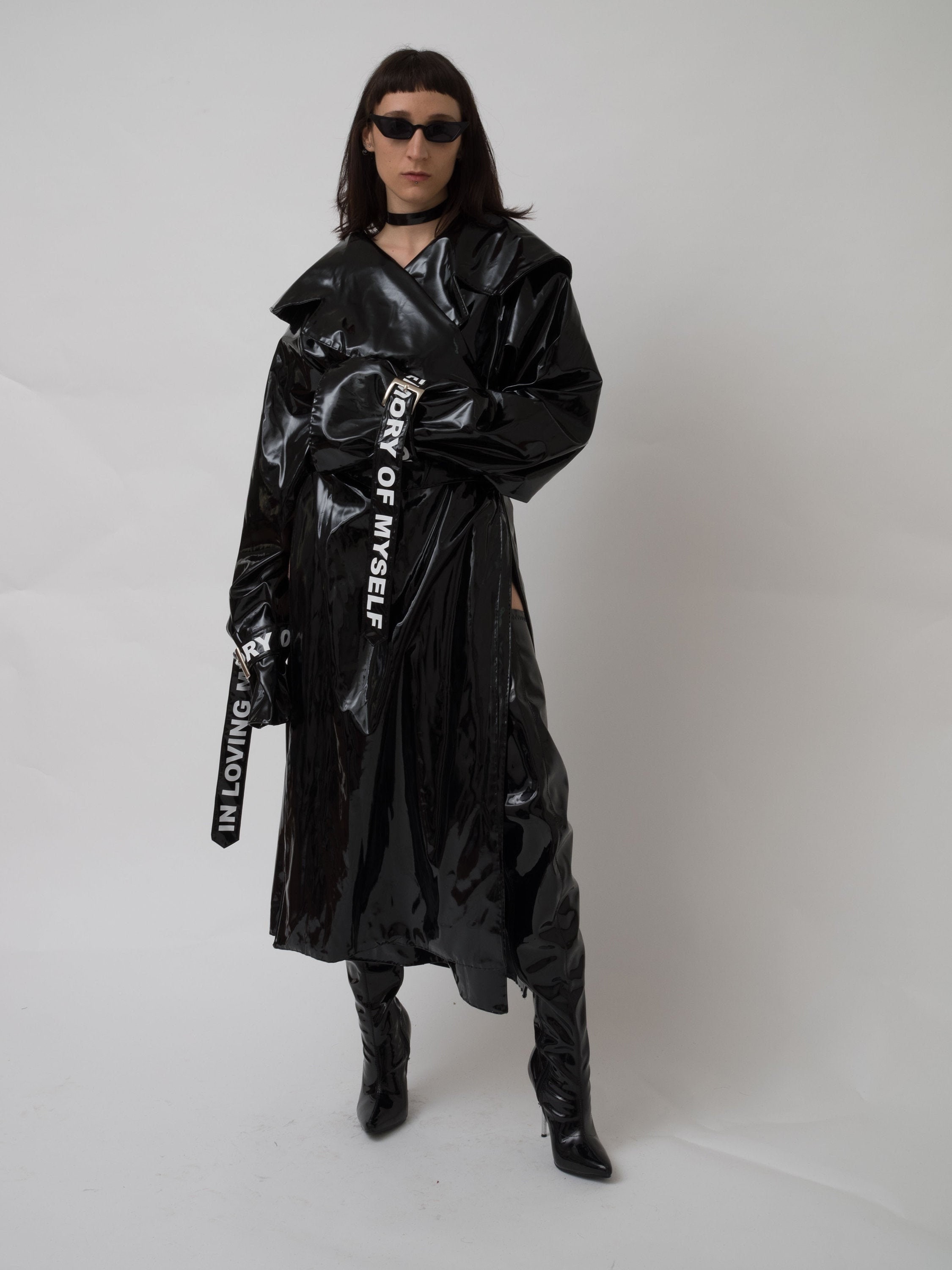 Oversized 80s Kimono Pvc Glossy Vinyl Coat Jacket With Corset Belt