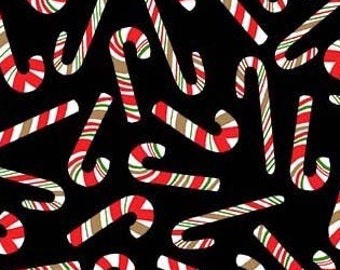 Tossed Candy Canes on Black, VINTAGE HOLIDAYS, Christmas Winter Fabric, Michael Miller, Quilting Cotton Fabric