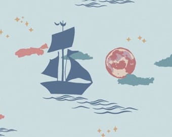 Offshore Dream Breeze Fabric, Sailboat, Moon, Ocean, Pirate, Beach, Enchanted Voyage, Art Gallery, Quilt Cotton Fabric