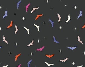 Rainbow Bats, Colorful Bats on Black, Small Spooky Bats, Halloween Fabric, Figo, Ghost Town Collection, Quilting Cotton Fabric