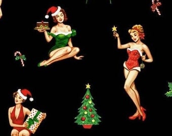 Christmas Darlings Black, Pin up girl, 1950's Christmas, Vintage Christmas, Under The Mistletoe, Michael Miller, Quilting Cotton Fabric