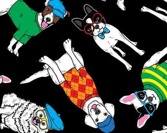 Tossed Cartoon DOGS with Hats, on black, Timeless Treasures, Quilting Cotton fabric