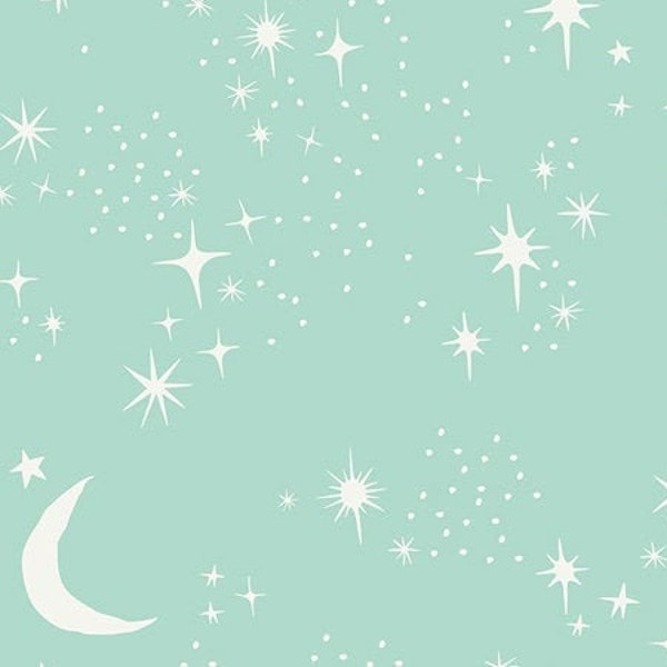 Twinkly Phases Fabric, Mint Green, Moon Fabric, Stars Fabric, Space Fabric, Lambkin, Art Gallery Fabric, Quilting Cotton Fabric