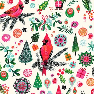 Deck The Halls, Red Cardinals & Gnomes, Christmas Tree, Presents, Ornaments, Animal fabric, Dear Stella, Quilting cotton