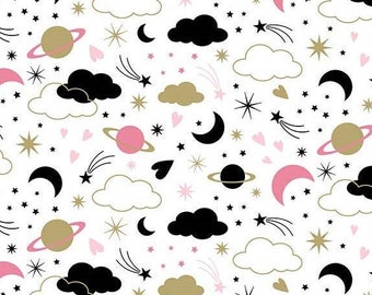 Stars & Moon White, Believe in Magic, Princess Fabric, Space Fabric, Northcott, Quilting Cotton Fabric