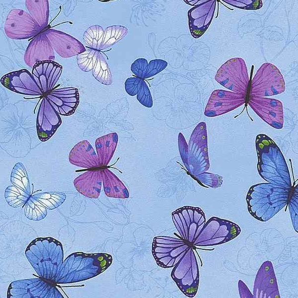 Butterflies on Pansies, Butterfly Fabric, Blue, Purple, Animal Fabric, Floral fabric, Timeless Treasures, Quilting Cotton Fabric